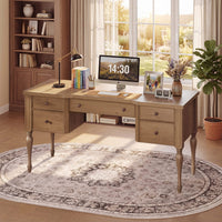 Sikaic Computer Desk 59in Farmhouse Executive Desk with 4 Drawers & Storage Shelf Brown Brown / Engineered Wood / Modern
