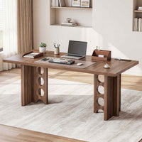 Sikaic Computer Desk 63 inch Dining Table for 4 People with Built-In Charging Hub Brown Brown / Engineered Wood / Modern