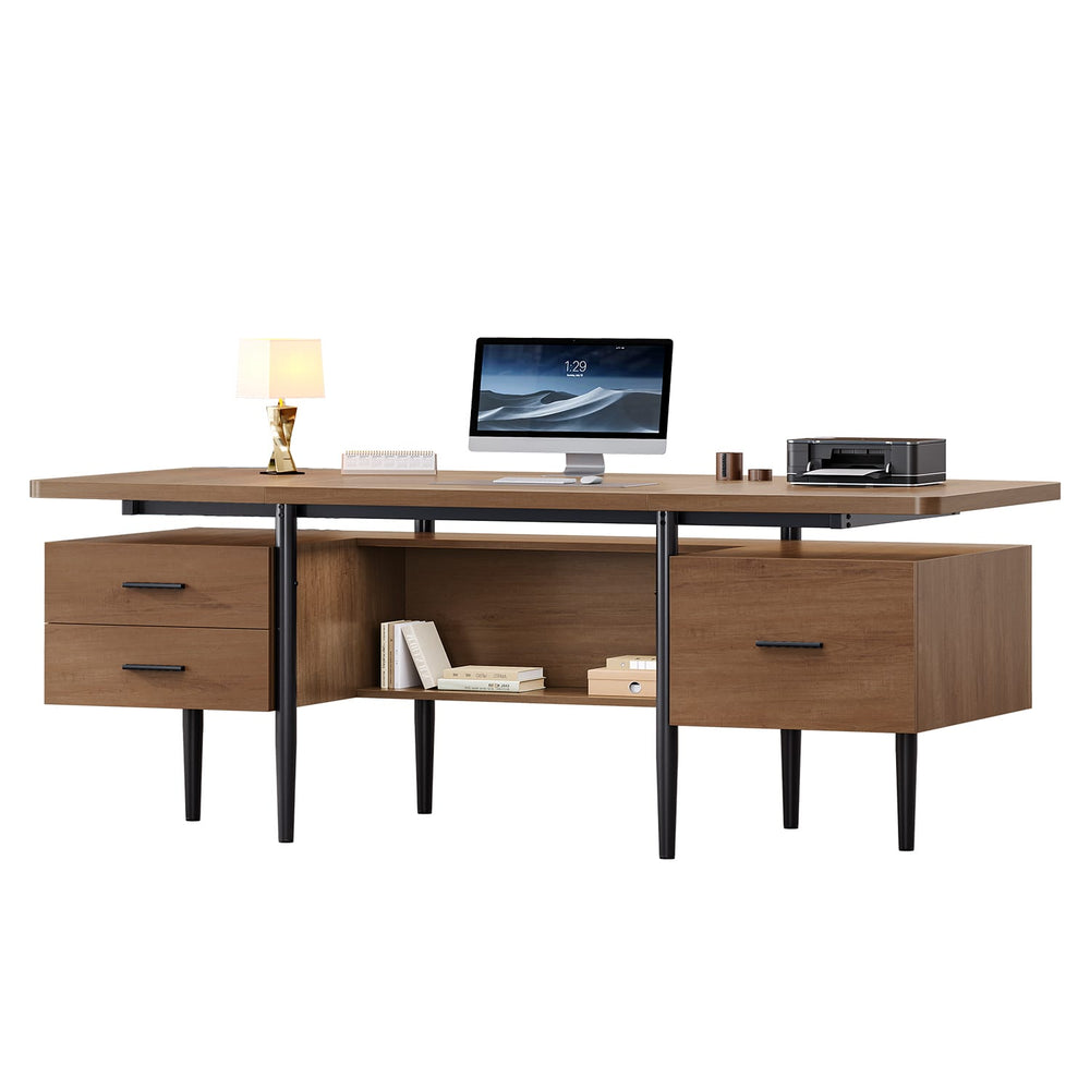 Sikaic Computer Desk 70.9" Modern Executive Desk with 2 Drawers & Open Storage Shelf Brown Brown / Engineered Wood / Modern