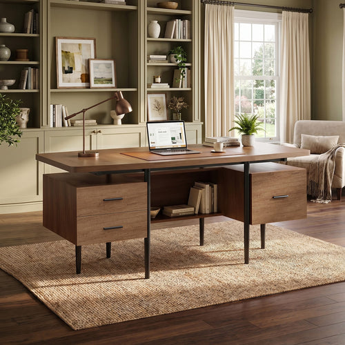 Sikaic Computer Desk 70.9" Modern Executive Desk with 2 Drawers & Open Storage Shelf Brown Brown / Engineered Wood / Modern