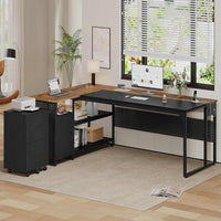 Sikaic Computer Desk 71 in Reversible L Shaped Executive Desk with Mobile File Cabinet and Power Outlets Brown Brown / Engineered Wood / Modern