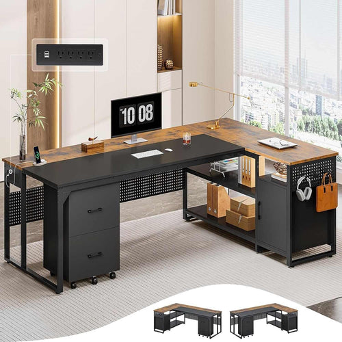 Sikaic Computer Desk 71 in Reversible L Shaped Executive Desk with Mobile File Cabinet and Power Outlets Brown Brown / Engineered Wood / Modern