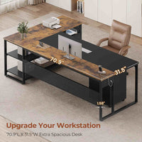 Sikaic Computer Desk 71 in Reversible L Shaped Executive Desk with Mobile File Cabinet and Power Outlets Brown Brown / Engineered Wood / Modern