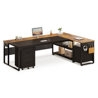 Sikaic Computer Desk 71 in Reversible L Shaped Executive Desk with Mobile File Cabinet and Power Outlets Brown Brown / Engineered Wood / Modern