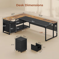 Sikaic Computer Desk 71 in Reversible L Shaped Executive Desk with Mobile File Cabinet and Power Outlets Brown Brown / Engineered Wood / Modern