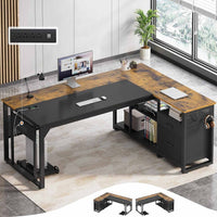 Sikaic Computer Desk 71 in Reversible L Shaped Executive Desk with Power Outlets Brown Brown / Engineered Wood / Modern