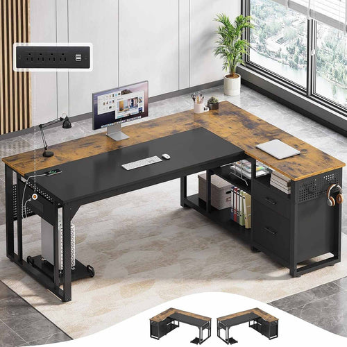 Sikaic Computer Desk 71 in Reversible L Shaped Executive Desk with Power Outlets Brown Brown / Engineered Wood / Modern