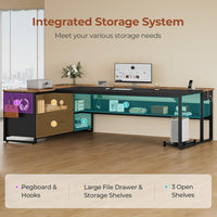 Sikaic Computer Desk 71 in Reversible L Shaped Executive Desk with Widen File Drawers and Power Outlets Brown Brown / Engineered Wood / Modern