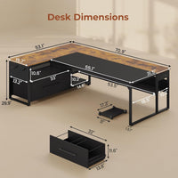 Sikaic Computer Desk 71 in Reversible L Shaped Executive Desk with Widen File Drawers and Power Outlets Brown Brown / Engineered Wood / Modern