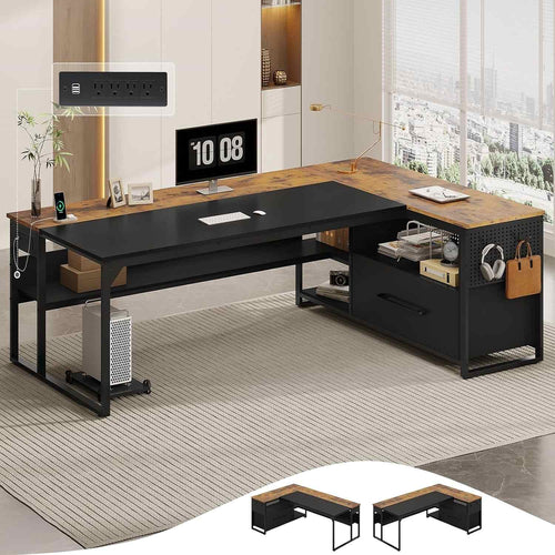 Sikaic Computer Desk 71 in Reversible L Shaped Executive Desk with Widen File Drawers and Power Outlets Brown Brown / Engineered Wood / Modern