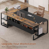 Sikaic Computer Desk 71 in Reversible L Shaped Executive Desk with Widen File Drawers and Power Outlets Brown Brown / Engineered Wood / Modern