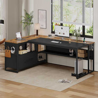 Sikaic Computer Desk 71 in Reversible L Shaped Executive Desk with Widen File Drawers and Power Outlets Brown Brown / Engineered Wood / Modern