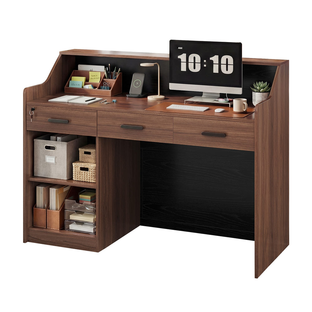 Sikaic Computer Desk Modern 47-Inch Reception Desk with Lockable Drawer Brown Brown / Engineered Wood / Modern
