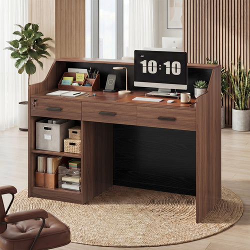 Sikaic Computer Desk Modern 47-Inch Reception Desk with Lockable Drawer Brown Brown / Engineered Wood / Modern