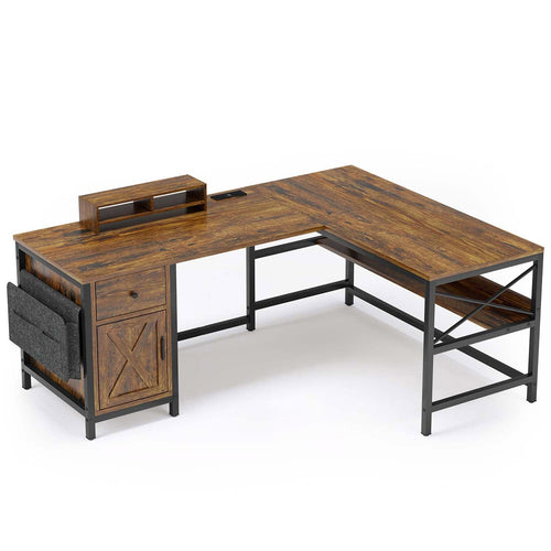 Sikaic Computer Desk 63 Inches L Shaped Convertible 2 Person Computer Desk Brown Brown / Farmhouse / Engineered Wood