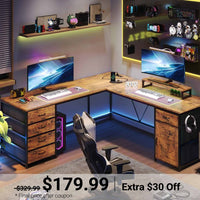 Sikaic Computer Desk 63 Inches L Shaped Corner 2 Person Computer Desk with 5 Drawer Power Outlet Monitor Shelf Storage Cabinet Brown Brown / Modern / Engineered Wood