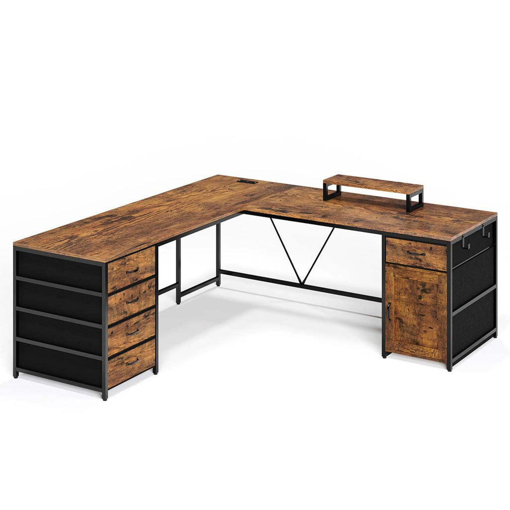 63" L Shaped Computer Desk with Drawers Brown | Sikaic