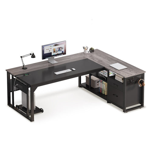 Sikaic Computer Desk 71 in Reversible L Shaped Executive Desk with Power Outlets Grey Grey / Engineered Wood / Modern