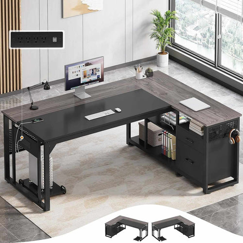 Sikaic Computer Desk 71 in Reversible L Shaped Executive Desk with Power Outlets Grey Grey / Engineered Wood / Modern