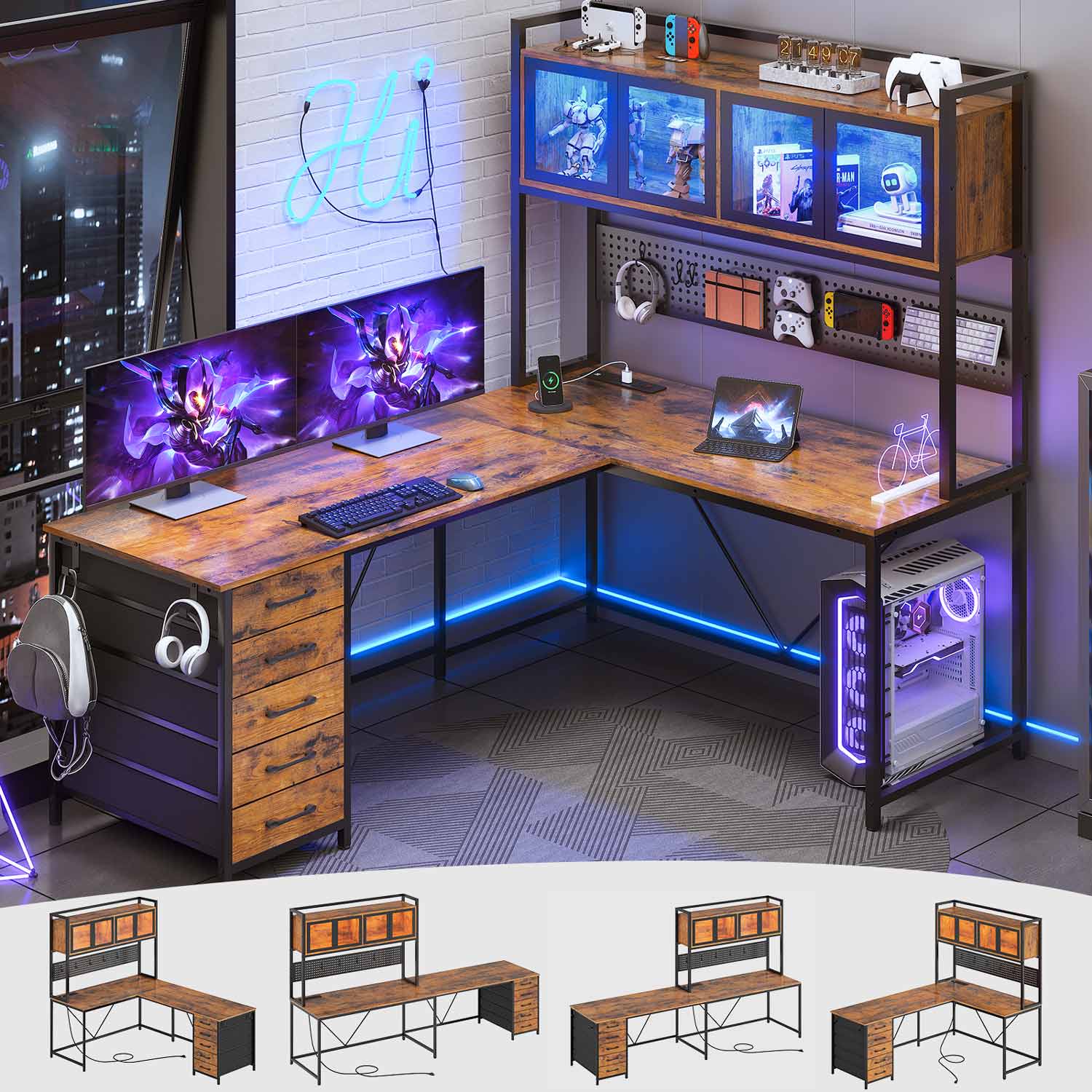 Rustic Computers LED Reversible L Shaped Gaming Desk Brown | Sikaic