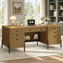 Sikaic Computer Desk 63 inch Executive Desk with 5 Drawers and Privacy Panel Light Brown Light Brown / Engineered Wood / Farmhouse