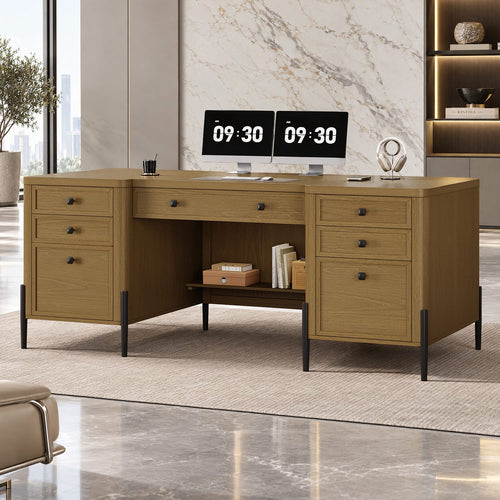 Sikaic Computer Desk 63 inch Executive Desk with 5 Drawers and Privacy Panel Light Brown Light Brown / Engineered Wood / Farmhouse