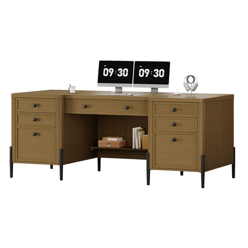 Sikaic Computer Desk 63 inch Executive Desk with 5 Drawers and Privacy Panel Light Brown Light Brown / Engineered Wood / Farmhouse