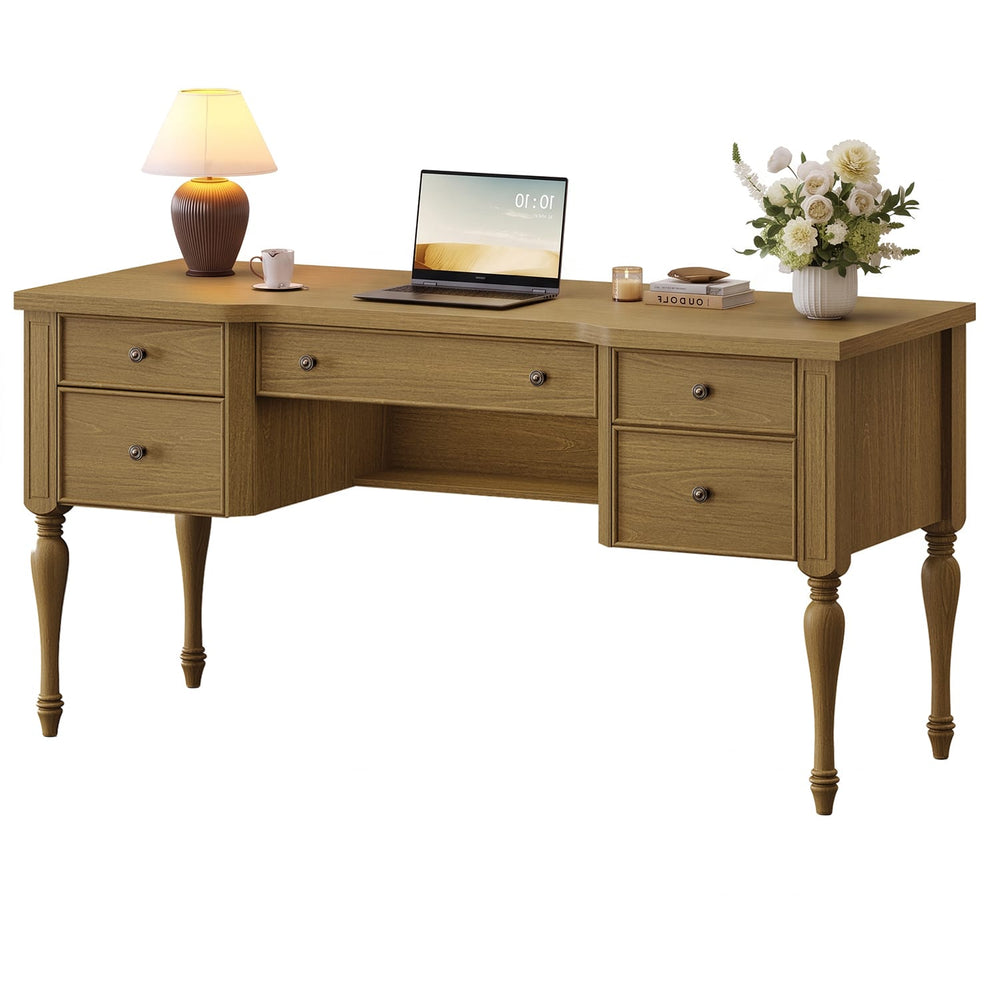 Sikaic Computer Desk 59in Farmhouse Executive Desk with 4 Drawers & Storage Shelf Light Brown Light Brown / Engineered Wood / Modern