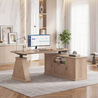 Sikaic Computer Desk Electric Standing Desk with Power Outlet & 2 Storage Cabinets Natural Natural / Engineered Wood / Farmhouse