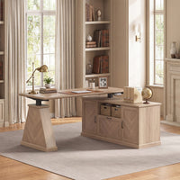 Sikaic Computer Desk Electric Standing Desk with Power Outlet & 2 Storage Cabinets Natural Natural / Engineered Wood / Farmhouse