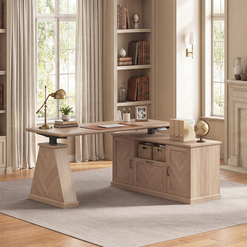 Sikaic Computer Desk Electric Standing Desk with Power Outlet & 2 Storage Cabinets Natural Natural / Engineered Wood / Farmhouse