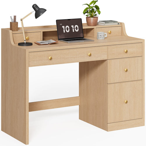 Sikaic Computer Desk 47 inch Office Desk with 5 Drawers & File Cabinet Natural Oak Natural / Engineered Wood / Modern