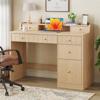 Sikaic Computer Desk 47 inch Office Desk with 5 Drawers & File Cabinet Natural Oak Natural / Engineered Wood / Modern
