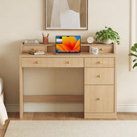 Sikaic Computer Desk 47 inch Office Desk with 5 Drawers & File Cabinet Natural Oak Natural / Engineered Wood / Modern