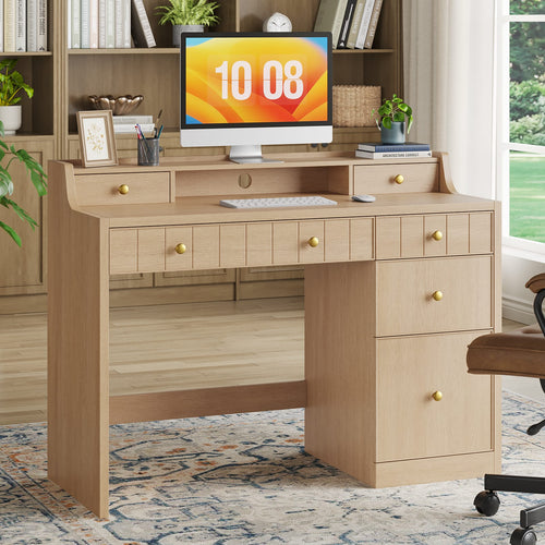 Sikaic Computer Desk 47 inch Office Desk with 5 Drawers & File Cabinet Natural Oak Natural / Engineered Wood / Modern