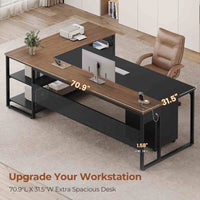 Sikaic Computer Desk 71 in Reversible L Shaped Executive Desk with Mobile File Cabinet and Power Outlets Walnut Brown Walnut Brown / Engineered Wood / Modern