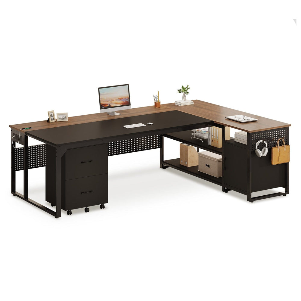 Sikaic Computer Desk 71 in Reversible L Shaped Executive Desk with Mobile File Cabinet and Power Outlets Walnut Brown Walnut Brown / Engineered Wood / Modern