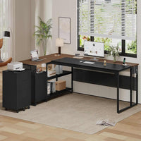 Sikaic Computer Desk 71 in Reversible L Shaped Executive Desk with Mobile File Cabinet and Power Outlets Walnut Brown Walnut Brown / Engineered Wood / Modern