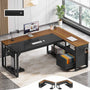 Sikaic Computer Desk 71 in Reversible L Shaped Executive Desk with Power Outlets Walnut Walnut Brown / Engineered Wood / Modern