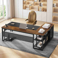 Sikaic Computer Desk 71 in Reversible L Shaped Executive Desk with Power Outlets Walnut Walnut Brown / Engineered Wood / Modern