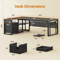 Sikaic Computer Desk 71 in Reversible L Shaped Executive Desk with Power Outlets Walnut Walnut Brown / Engineered Wood / Modern