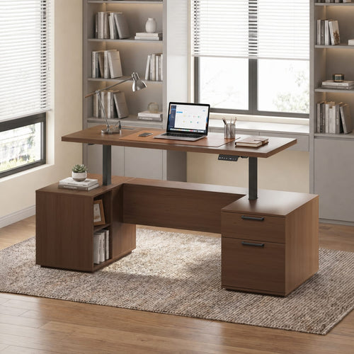 Sikaic Computer Desk 55 inch Electric Standing Desk with Drawers & Storage Walnut Walnut / Engineered Wood / Modern