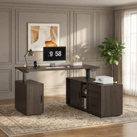 Sikaic Computer Desk L Shaped Electric Standing Desk with 3 Drawers & Power Outlet Dark Walnut Walnut / Engineered Wood / Modern