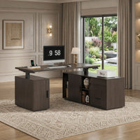 Sikaic Computer Desk L Shaped Electric Standing Desk with 3 Drawers & Power Outlet Dark Walnut Walnut / Engineered Wood / Modern