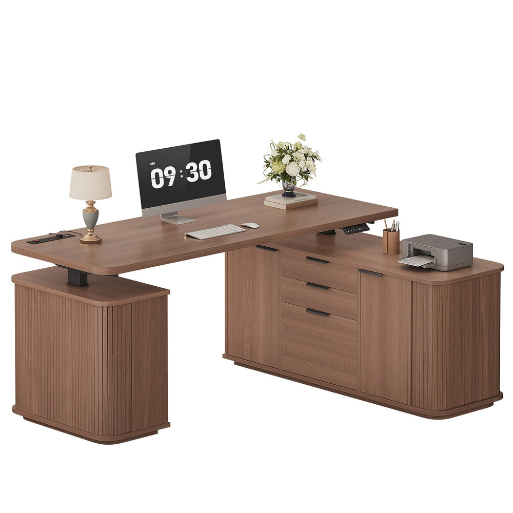 Sikaic Computer Desk L Shaped Electric Standing Desk with Storage Walnut Walnut / Engineered Wood / Modern