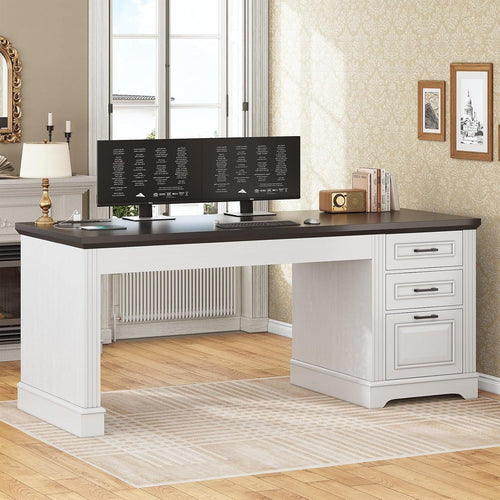 Sikaic Computer Desk 55" Computer Desk with Storage Drawers and Power Outlet White White / Engineered Wood / Modern