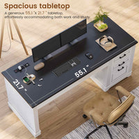 Sikaic Computer Desk 55" Computer Desk with Storage Drawers and Power Outlet White White / Engineered Wood / Modern