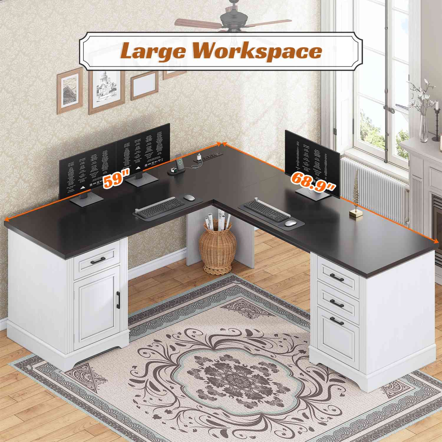 69 Inches Executive L Shaped Desk White | Sikaic