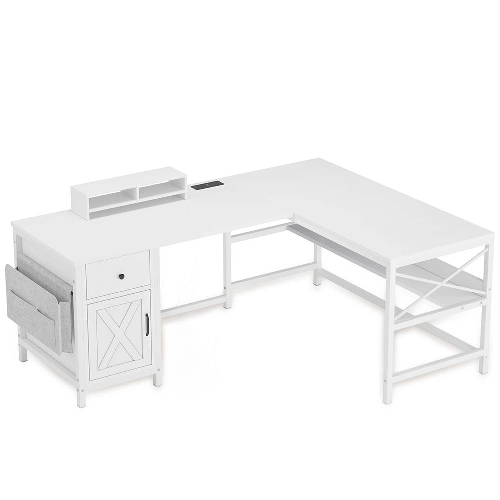 Sikaic Computer Desk 86.6 Inches L Shaped Convertible 2 Person Computer Desk White White / Farmhouse / Engineered Wood