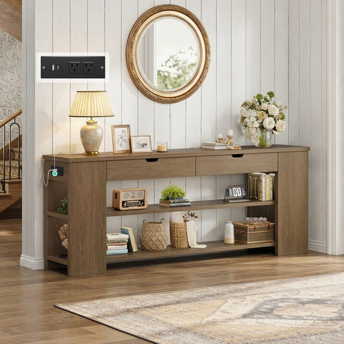 Sikaic Console Table 71.8 inch Extra Long Console Table with Shelves & Built-In Outlets Brown Brown / Engineered Wood / Farmhouse